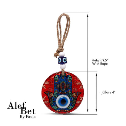 Red glass hamsa hand wall hanging showcasing traditional Jewish home blessing symbol by Alef Bet