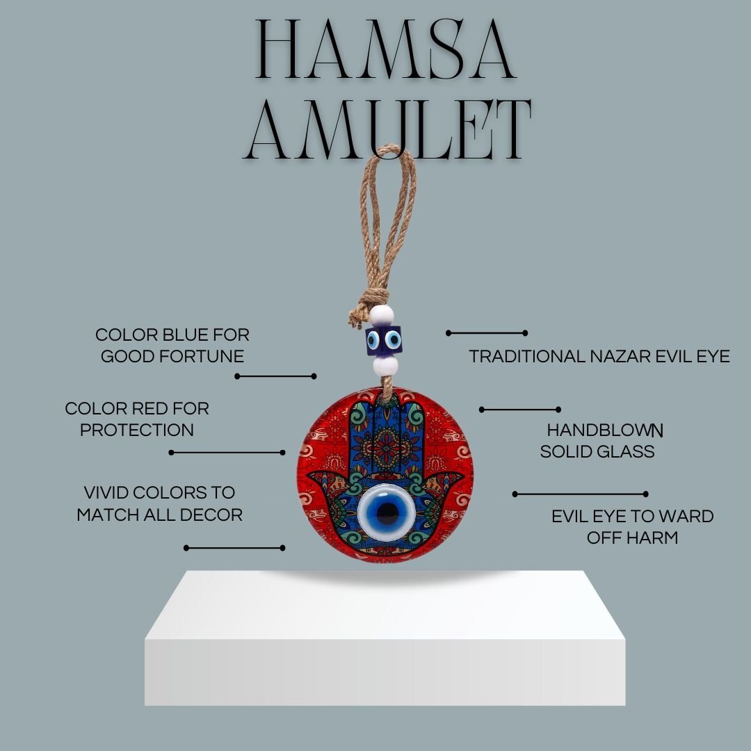 Red glass hamsa hand wall décor featuring hand-blown artisan craftsmanship by Alef Bet