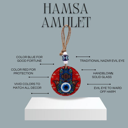 Red glass hamsa hand wall décor featuring hand-blown artisan craftsmanship by Alef Bet