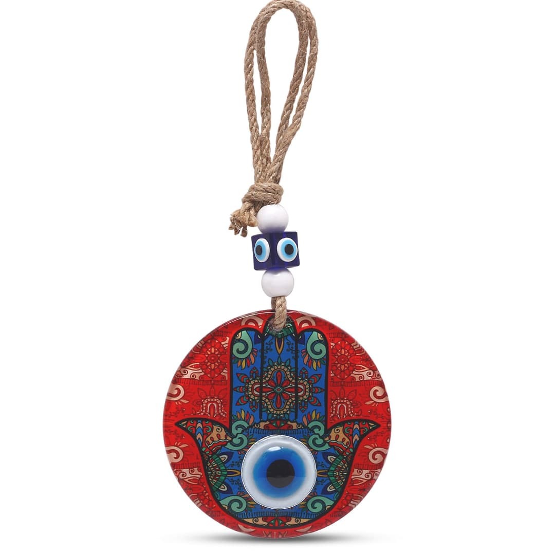 Red glass hamsa hand wall hanging with protective evil eye symbol by Alef Bet
