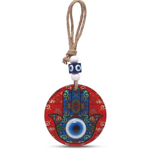 Red glass hamsa hand wall hanging with protective evil eye symbol by Alef Bet