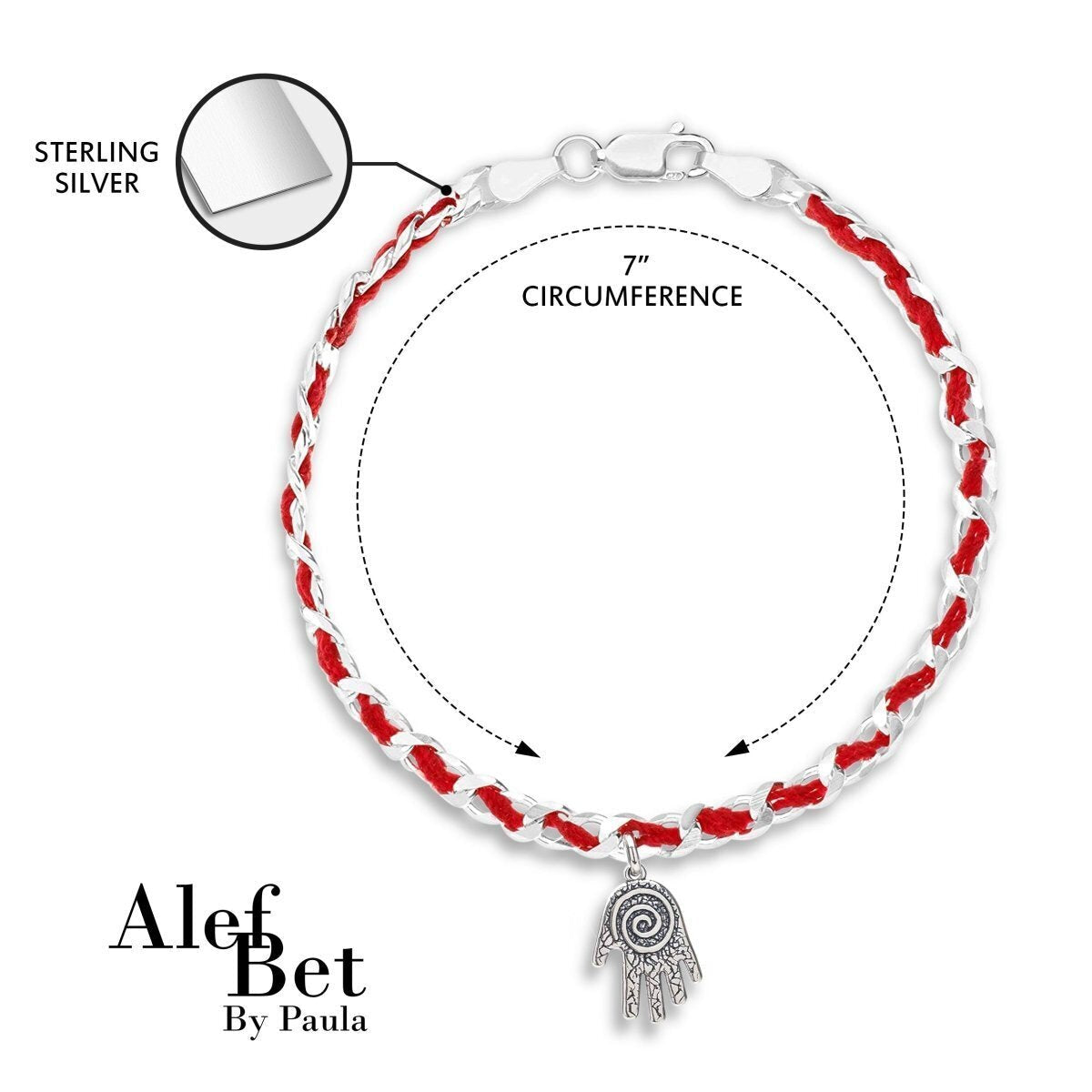 A red string bracelet featuring a sterling silver hamsa charm and blue evil eye pendant, symbolizing protection and good luck.