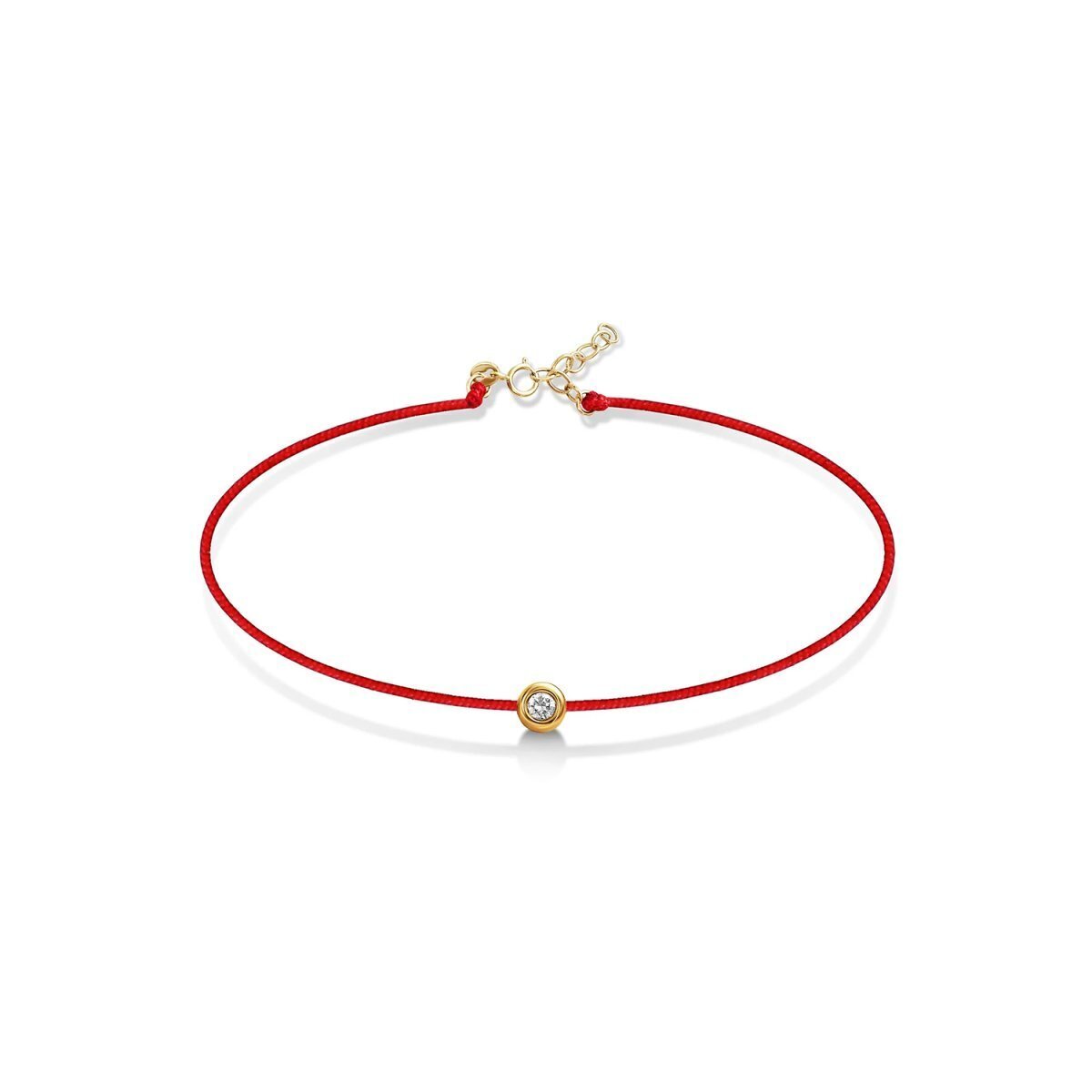 Red string bracelet with bezel-set diamond in 14k gold by Alef Bet