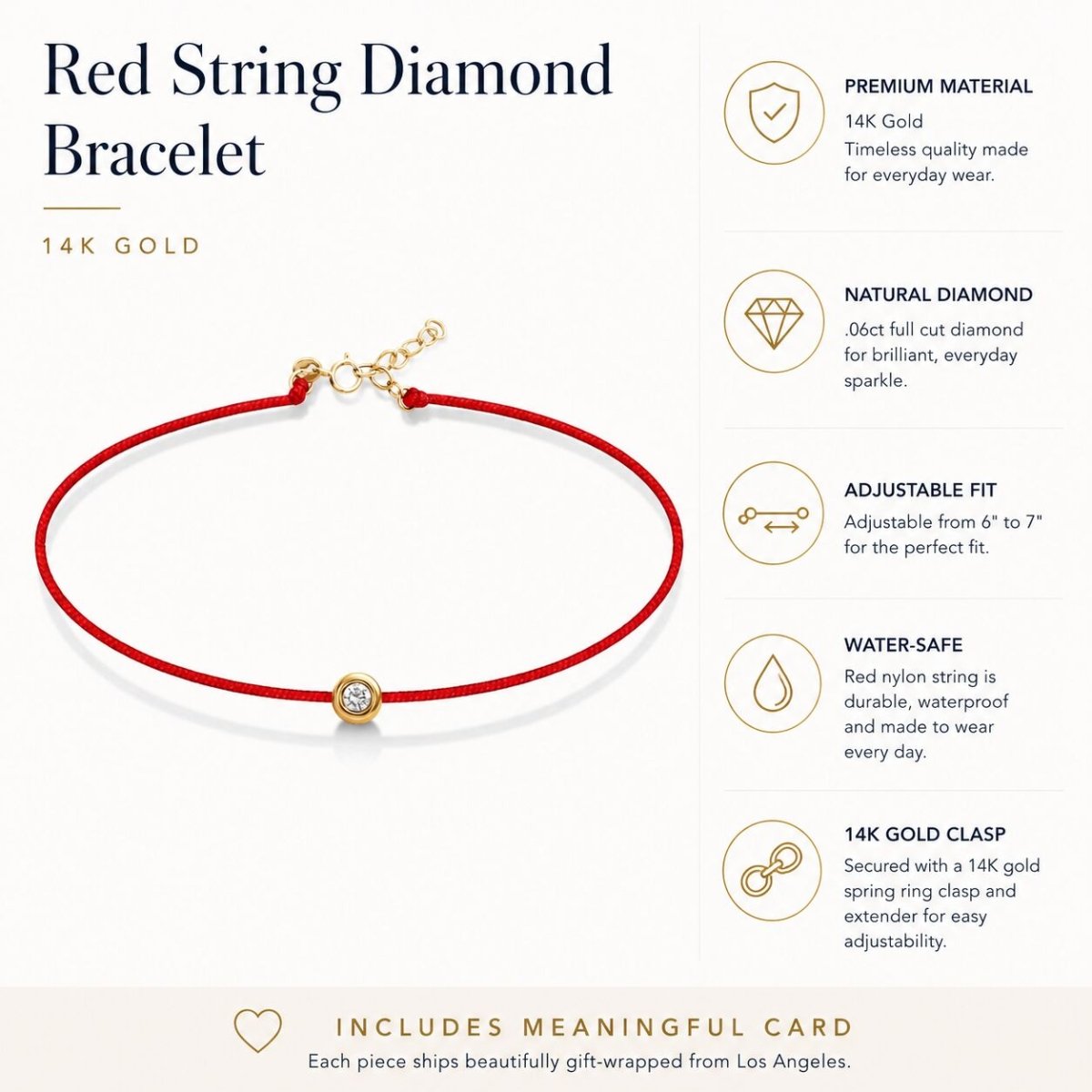Red String Bracelet with Diamond Bezel in 14k Gold