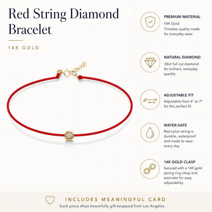 Red String Bracelet with Diamond Bezel in 14k Gold