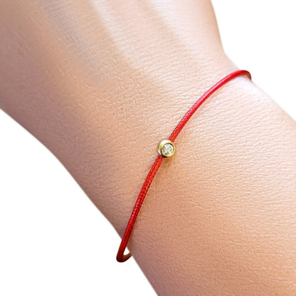 Red String Bracelet with Diamond Bezel in 14k Gold