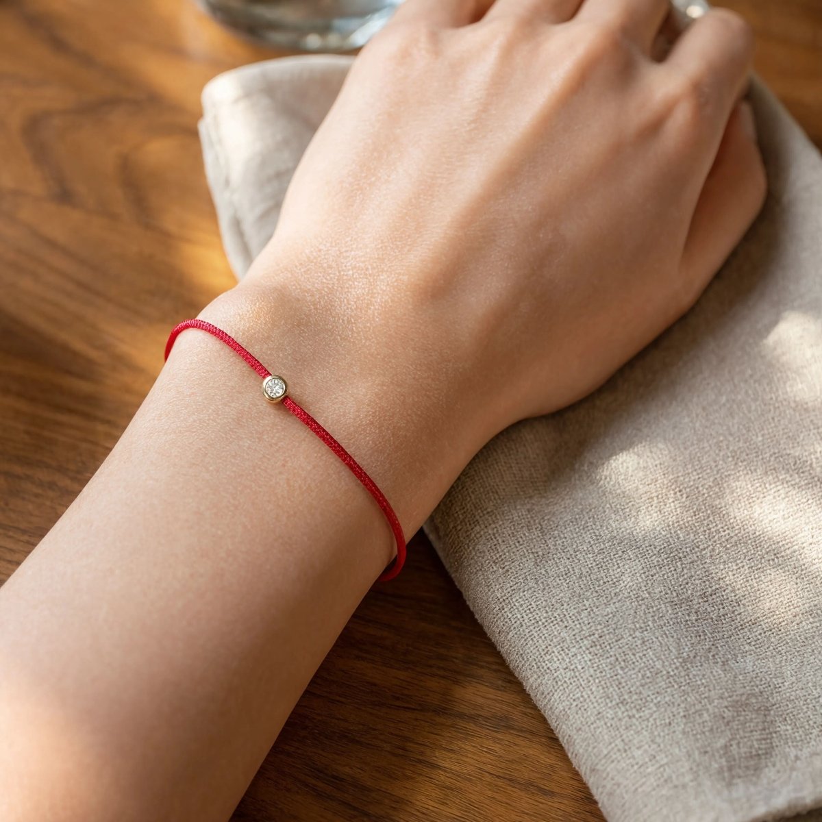 Red String Bracelet with Diamond Bezel in 14k Gold