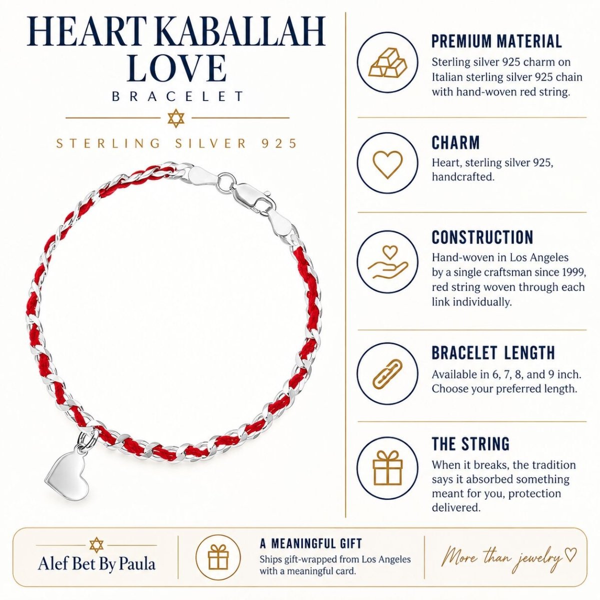 Red String Heart Bracelet in Sterling Silver 925, handcrafted protection and love on your wrist