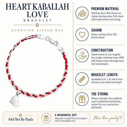 Red String Heart Bracelet in Sterling Silver 925, handcrafted protection and love on your wrist
