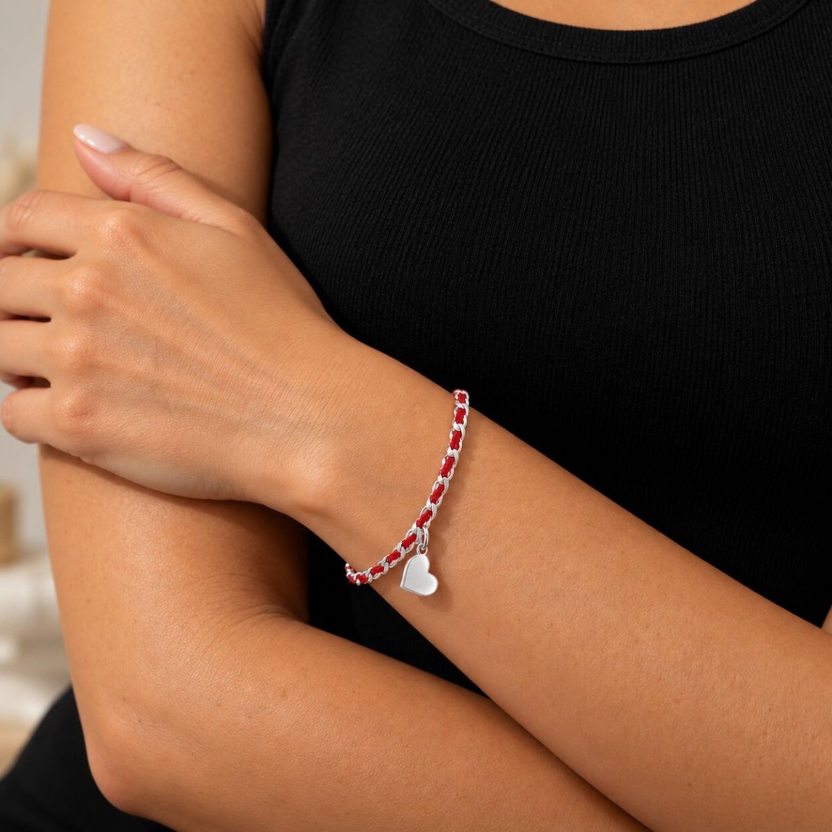 Red String Heart Bracelet in Sterling Silver 925, handcrafted protection and love on your wrist