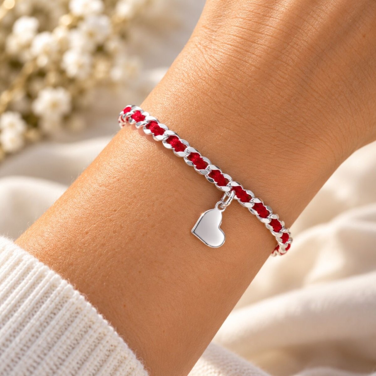 Red String Heart Bracelet in Sterling Silver 925, handcrafted protection and love on your wrist