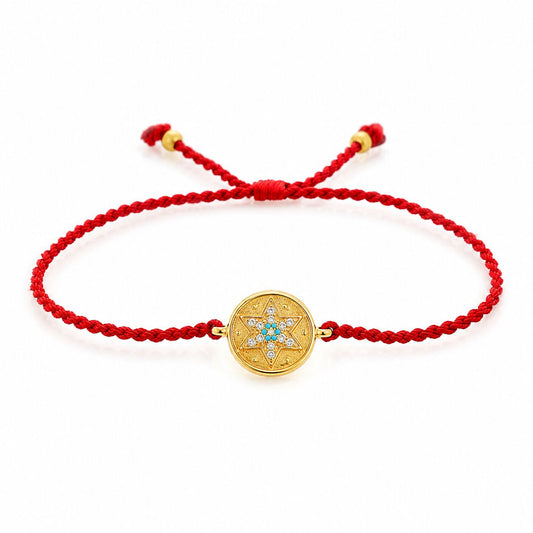 Red string star bracelet with polished silver star charm by Alef Bet