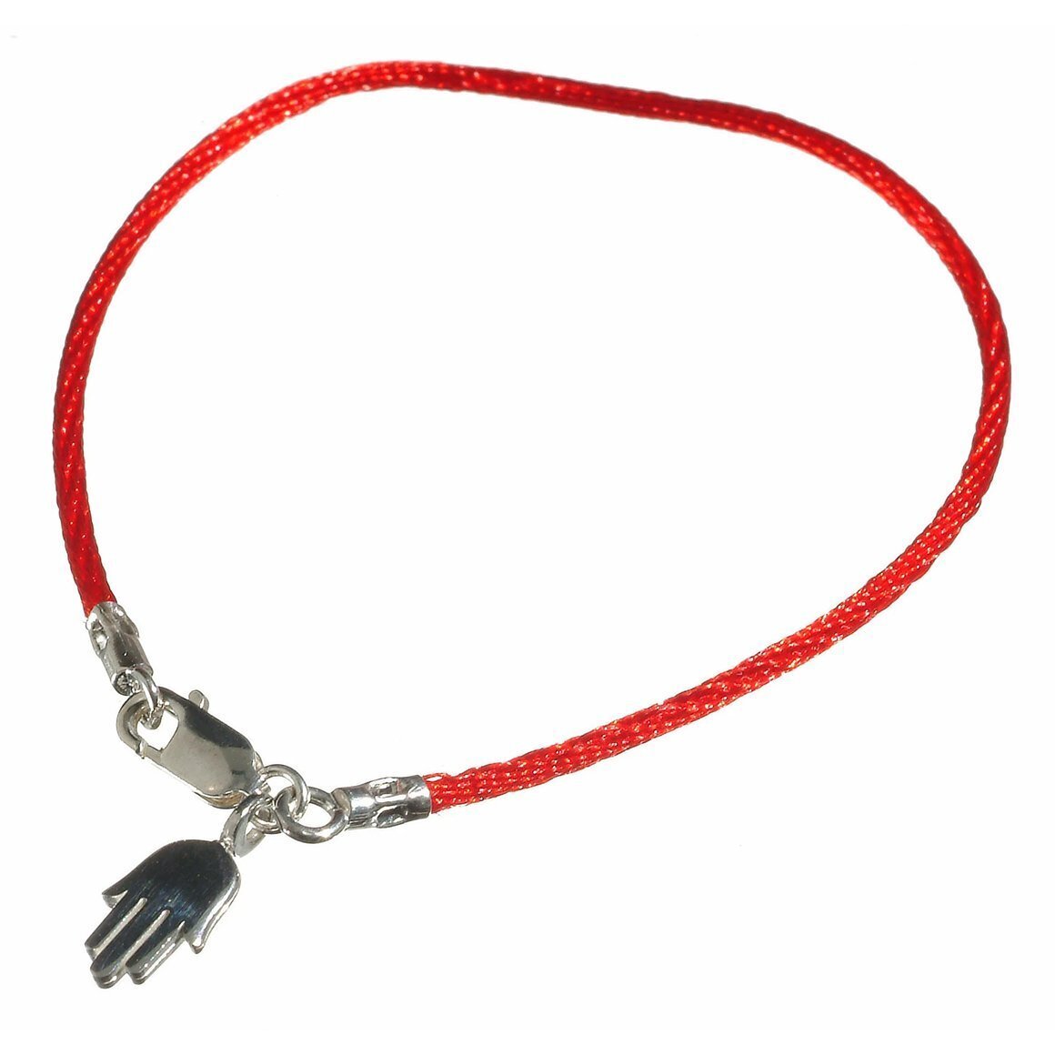 A sterling silver hamsa charm bracelet with a red string, symbolizing protection and good wishes, comes gift-wrapped with a meaning card.