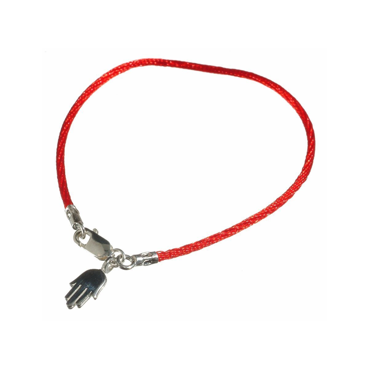 A double amulet bracelet featuring a hamsa charm and red string, symbolizing protection and good wishes, gift wrapped with a card.