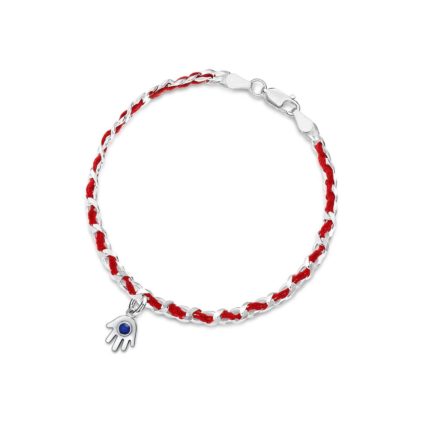 Lucky hamsa charm bracelet with red string of fate, handcrafted from 925 sterling silver, includes a description card, and gift wrapped.