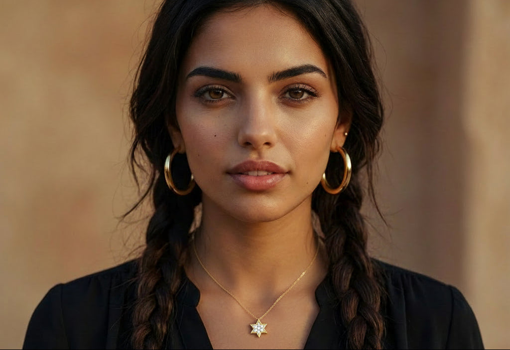 Woman with braided hair wearing gold hoop earrings and a star-shaped necklace against a beige background