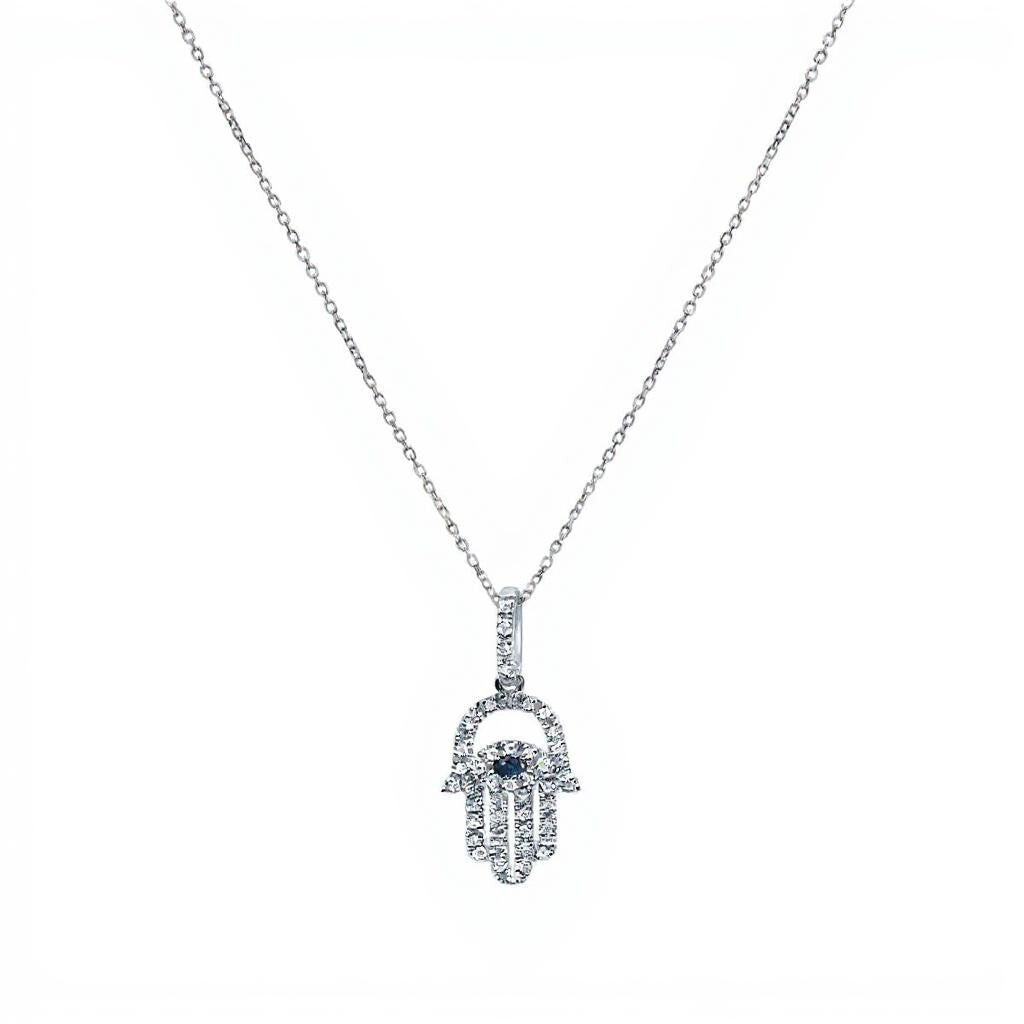 Sapphire and Diamond Hamsa Necklace in 14k Gold