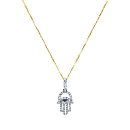 Sapphire and Diamond Hamsa Necklace in 14k Gold