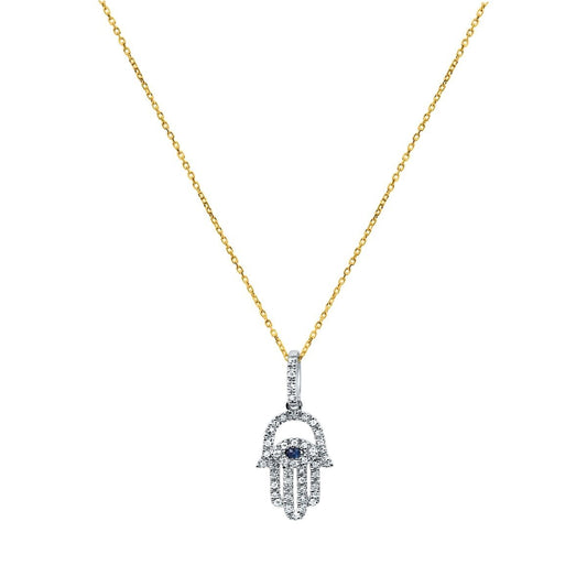 Sapphire and Diamond Hamsa Necklace in 14k Gold