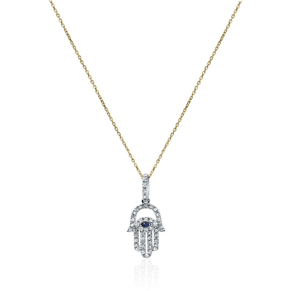 Sapphire and Diamond Hamsa Necklace in Solid 14k Yellow Gold