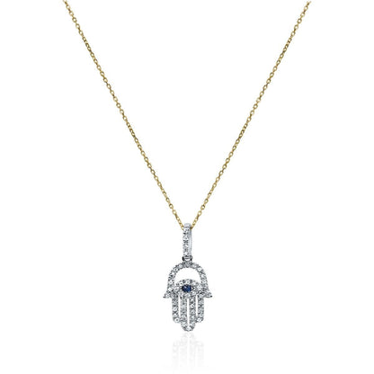 Sapphire and Diamond Hamsa Necklace in Solid 14k Yellow Gold