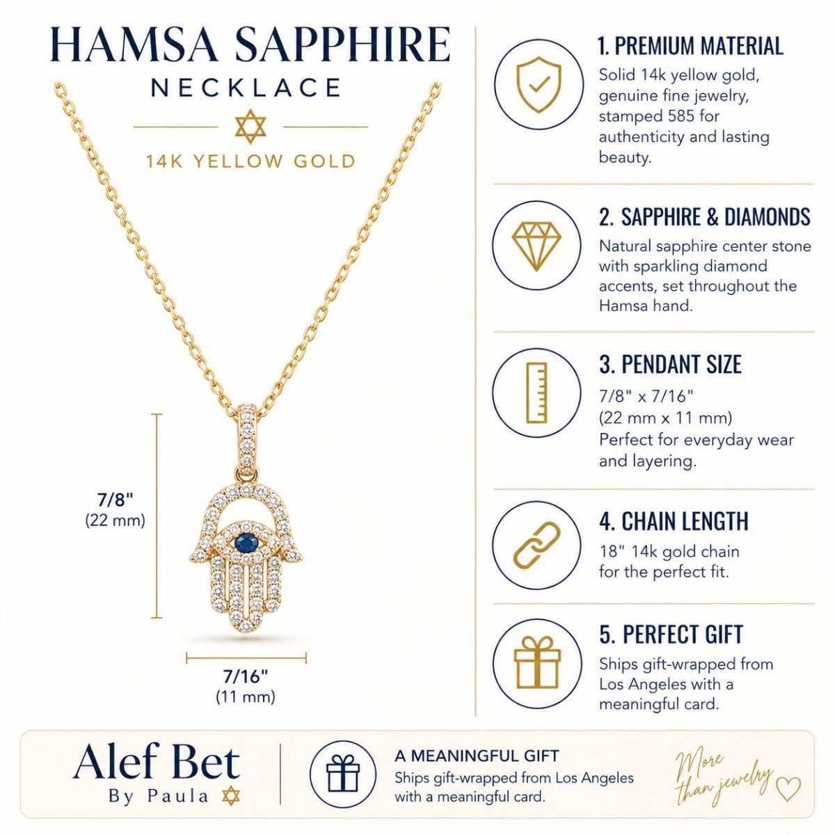 Sapphire and Diamond Hamsa Necklace in Solid 14k Yellow Gold