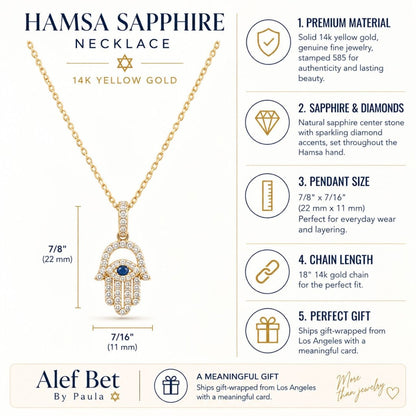 Sapphire and Diamond Hamsa Necklace in Solid 14k Yellow Gold