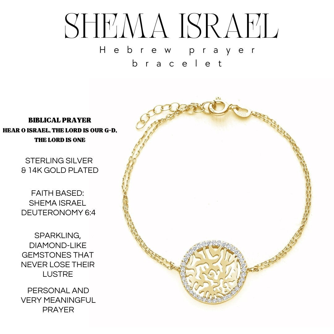 A sterling silver Shema Israel Hebrew prayer bracelet for women, featuring cubic zirconia stones and adjustable length.