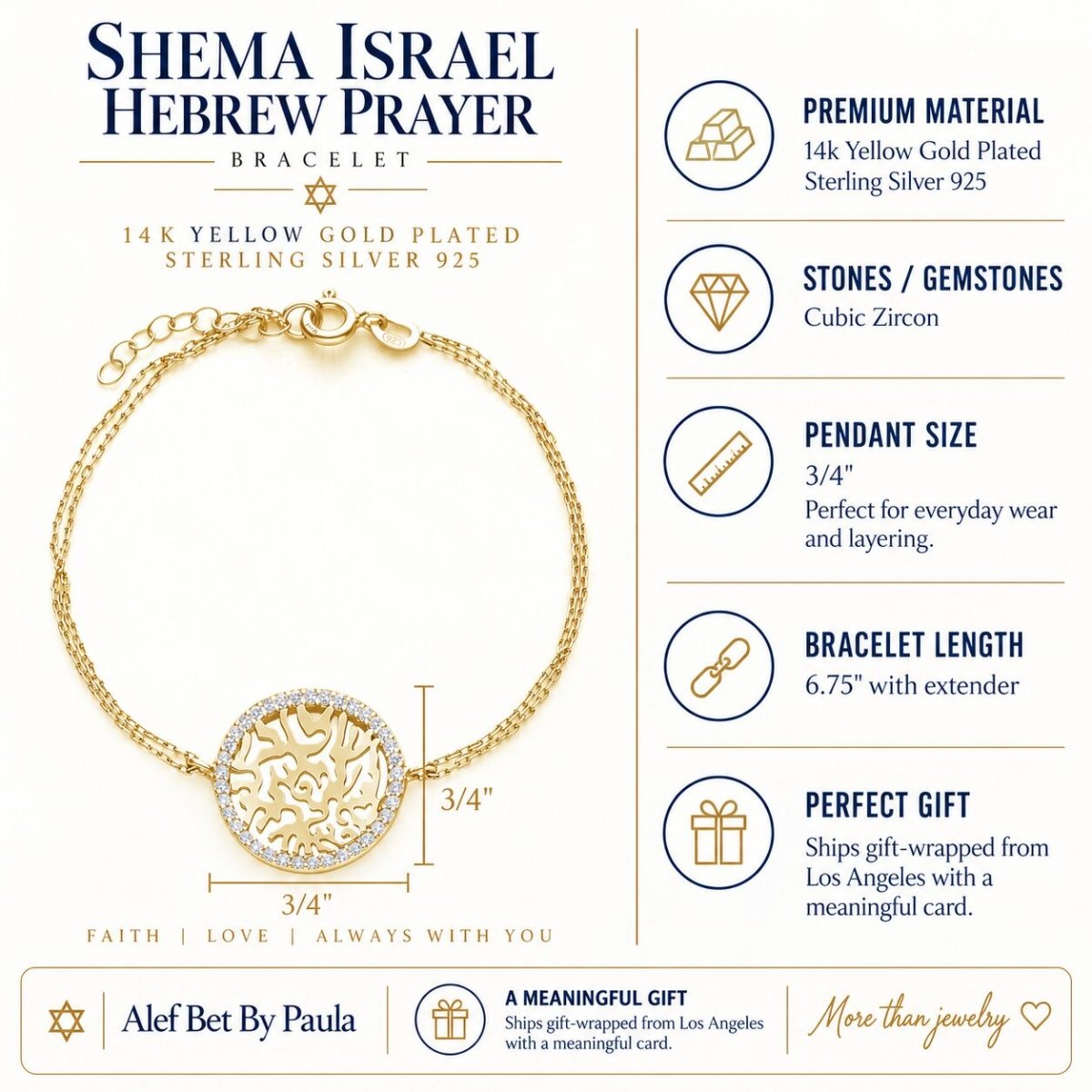 Shema Israel Hebrew Prayer Bracelet in 14k Yellow Gold Plated Sterling Silver 925 with CZ Pavé, wear your faith every day