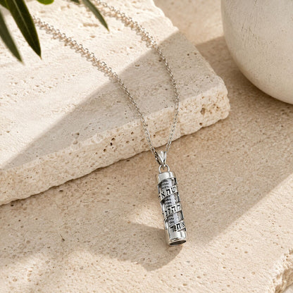 Shema Israel mezuzah pendant necklace worn styling view by Alef Bet