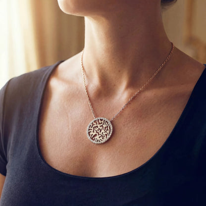 Hebrew prayer necklace in sterling silver featuring bezel-set cubic zirconia links by Alef Bet