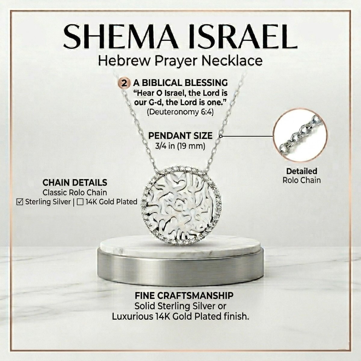 Shema Israel Necklace Sterling Silver CZ Rolo