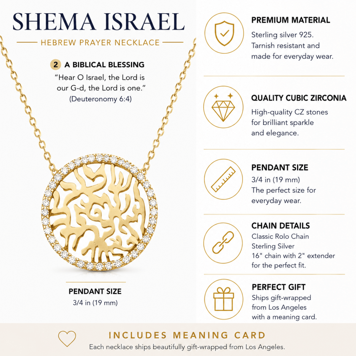 Shema Yisrael Prayer Necklace in Sterling Silver 925 with CZ Halo