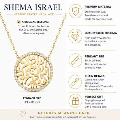 Shema Yisrael Prayer Necklace in Sterling Silver 925 with CZ Halo