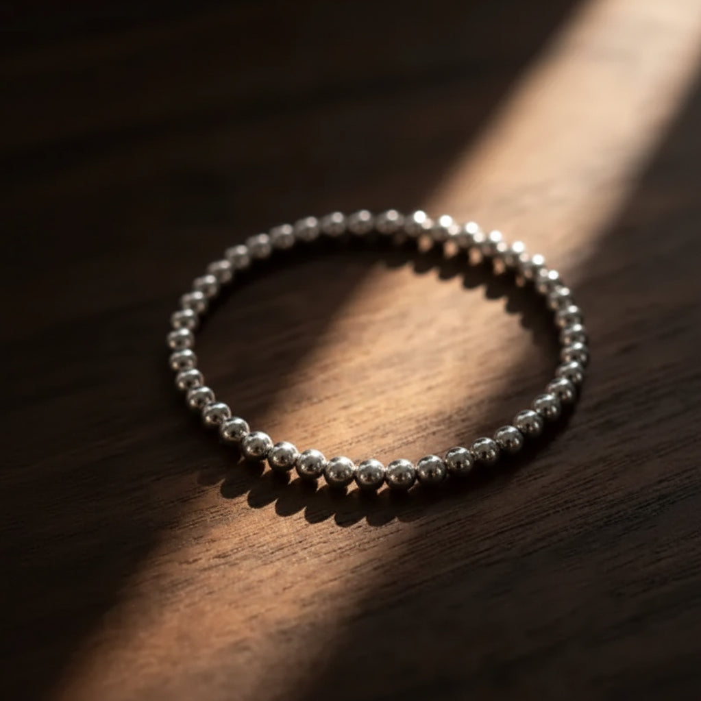 Silver 5mm bead bracelet featuring uniform round beads and secure closure by Alef Bet