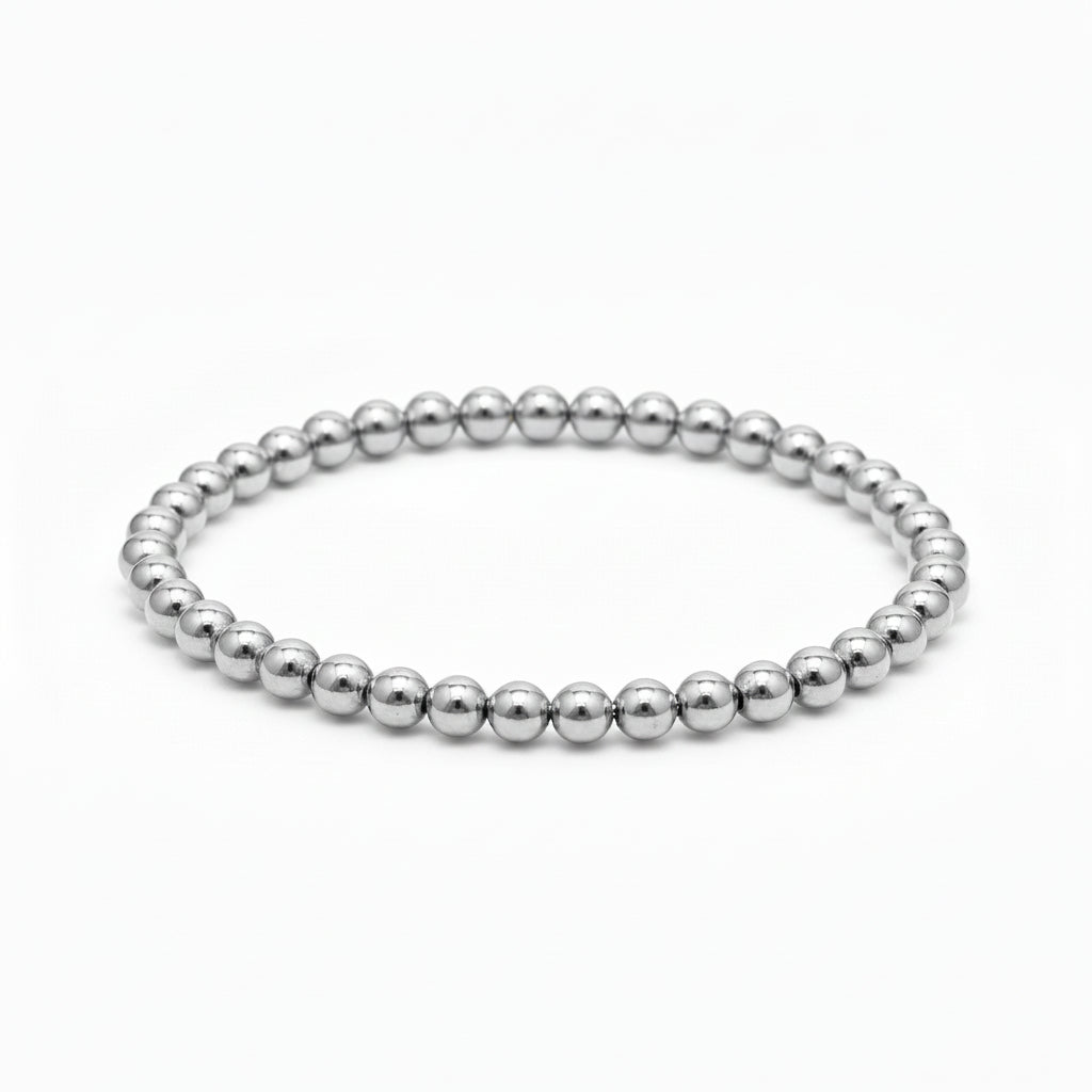 Sterling silver beaded bracelet in 5mm spherical beads with high-polish finish by Alef Bet