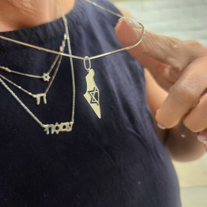 Sterling silver Israel map necklace on snake chain, front detail view by Alef Bet