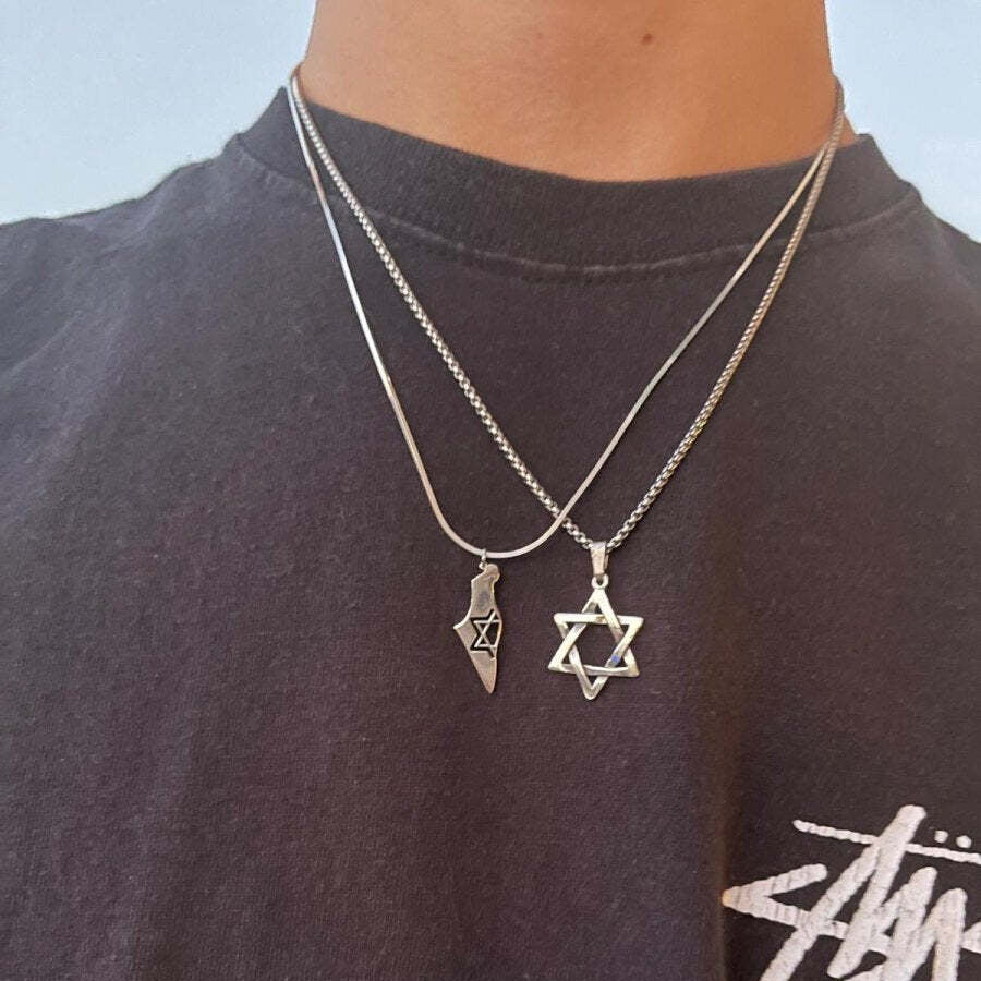Israel map charm necklace in polished silver with snake chain, side angle by Alef Bet
