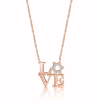 ALT text: Unique love letter necklace in sterling silver featuring sparkling cubic zirconia, with 'L V E' and a Star of David. Adjustable chain.