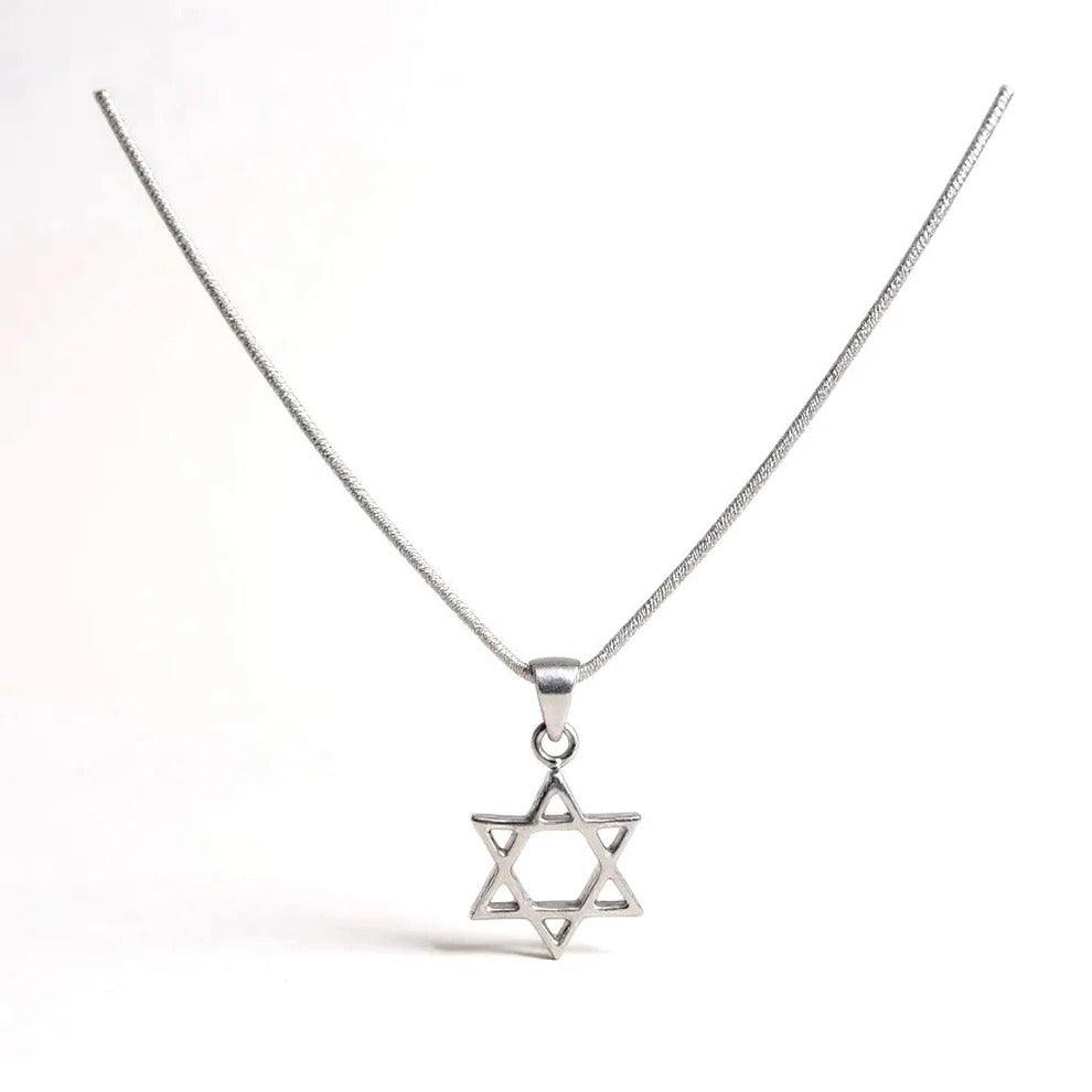 Silver Star of David necklace on a white background