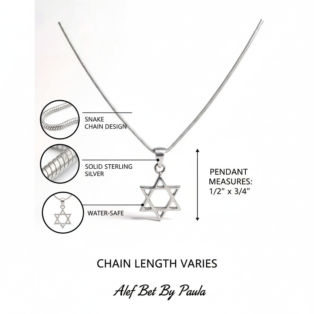 Star of David pendant in high-polish silver with serpentine chain by Alef Bet