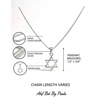 Star of David pendant in high-polish silver with serpentine chain by Alef Bet