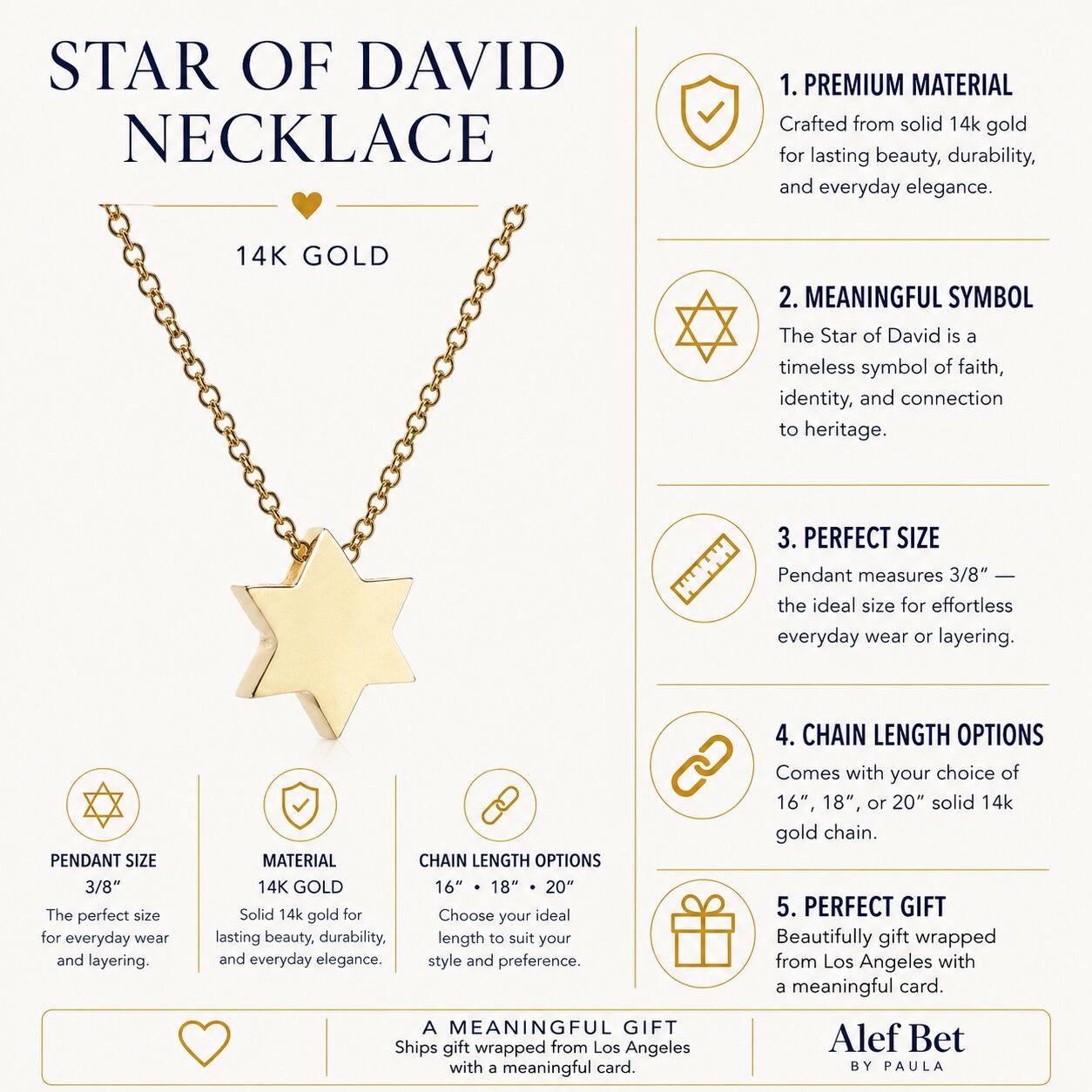 14k gold Star of David necklace with satin finish chain by Alef Bet