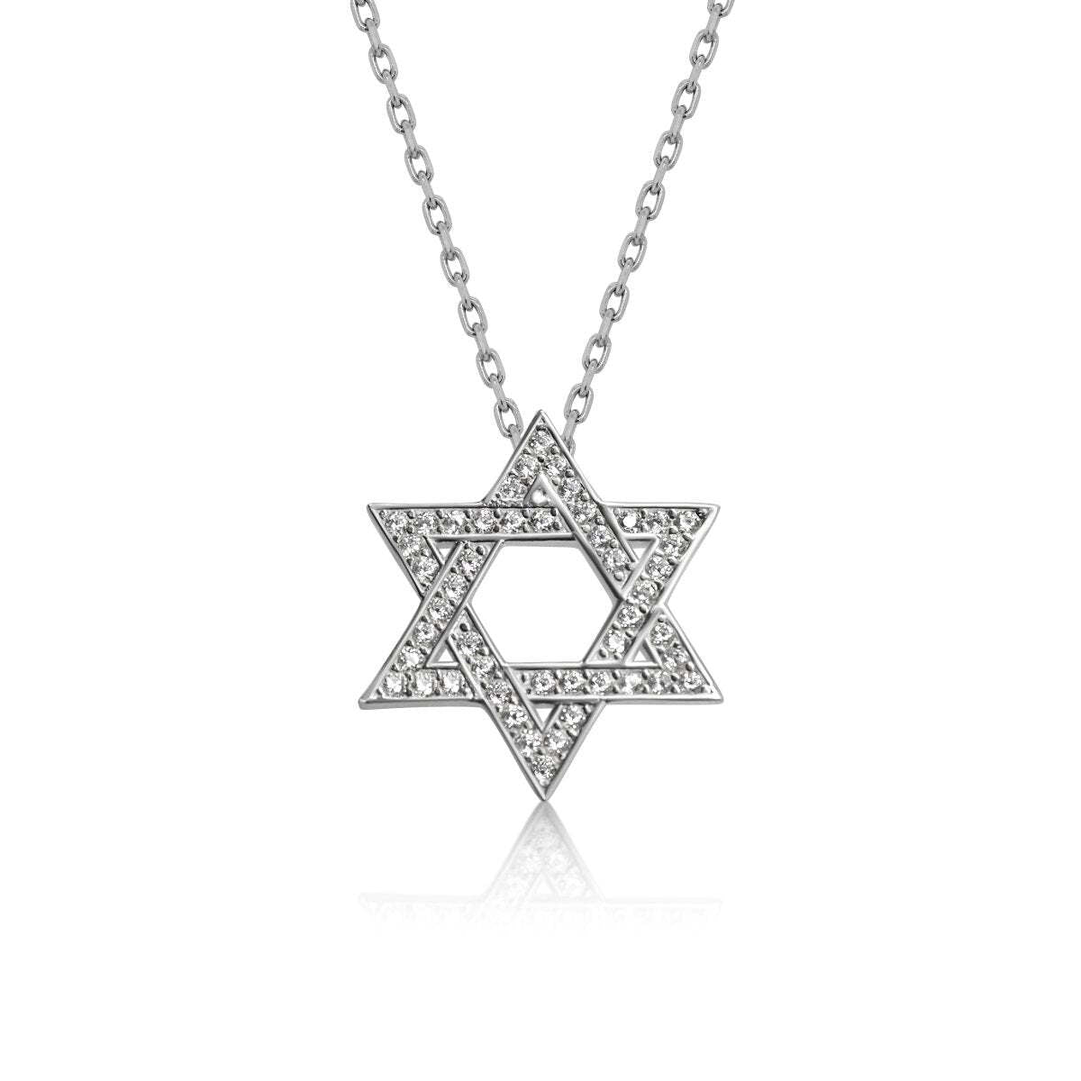 Gold plated Star of David necklace adorned with cubic zircon gemstones, featuring a 5/8" pendant and adjustable 16" + 2" chain.