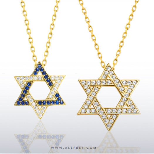 Gold plated Star of David necklace with cubic zircon gemstones, adjustable 16" + 2" chain, ideal for everyday wear and meaningful gifts.