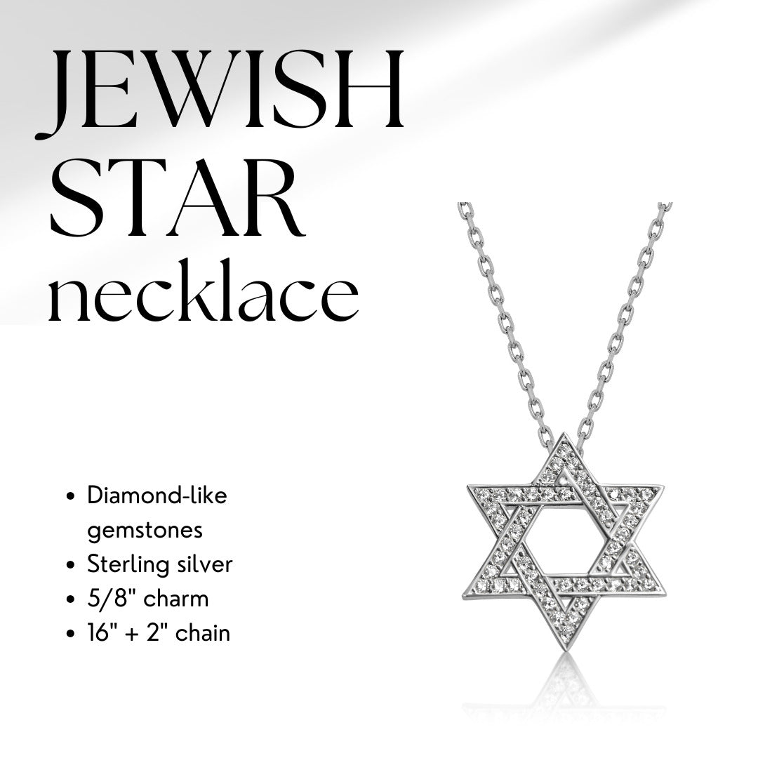 Gold plated Star of David necklace with cubic zircon gemstones, 5/8” pendant, and adjustable 16” + 2” chain, a timeless symbol of faith.