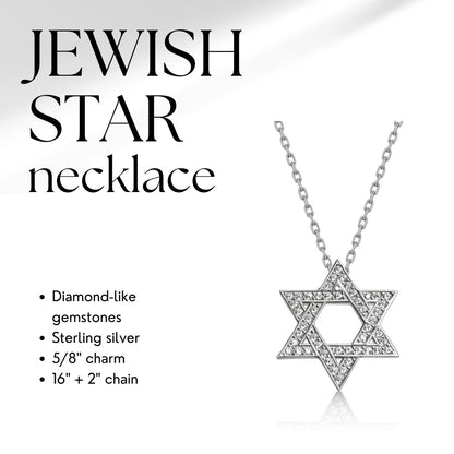 Gold plated Star of David necklace with cubic zircon gemstones, 5/8” pendant, and adjustable 16” + 2” chain, a timeless symbol of faith.