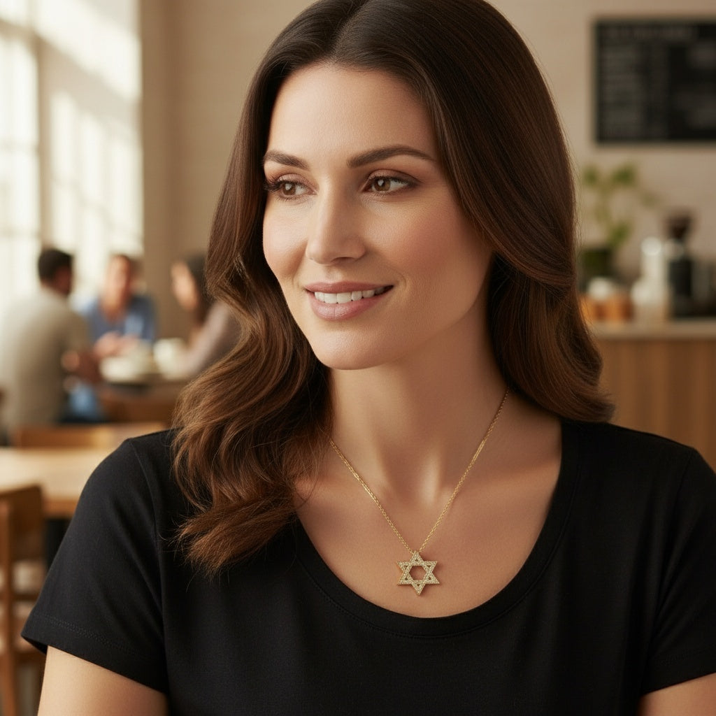 Gold plated Star of David necklace featuring cubic zircon gemstones, 5/8" pendant on a 16" + 2" adjustable chain. Elegant and meaningful.