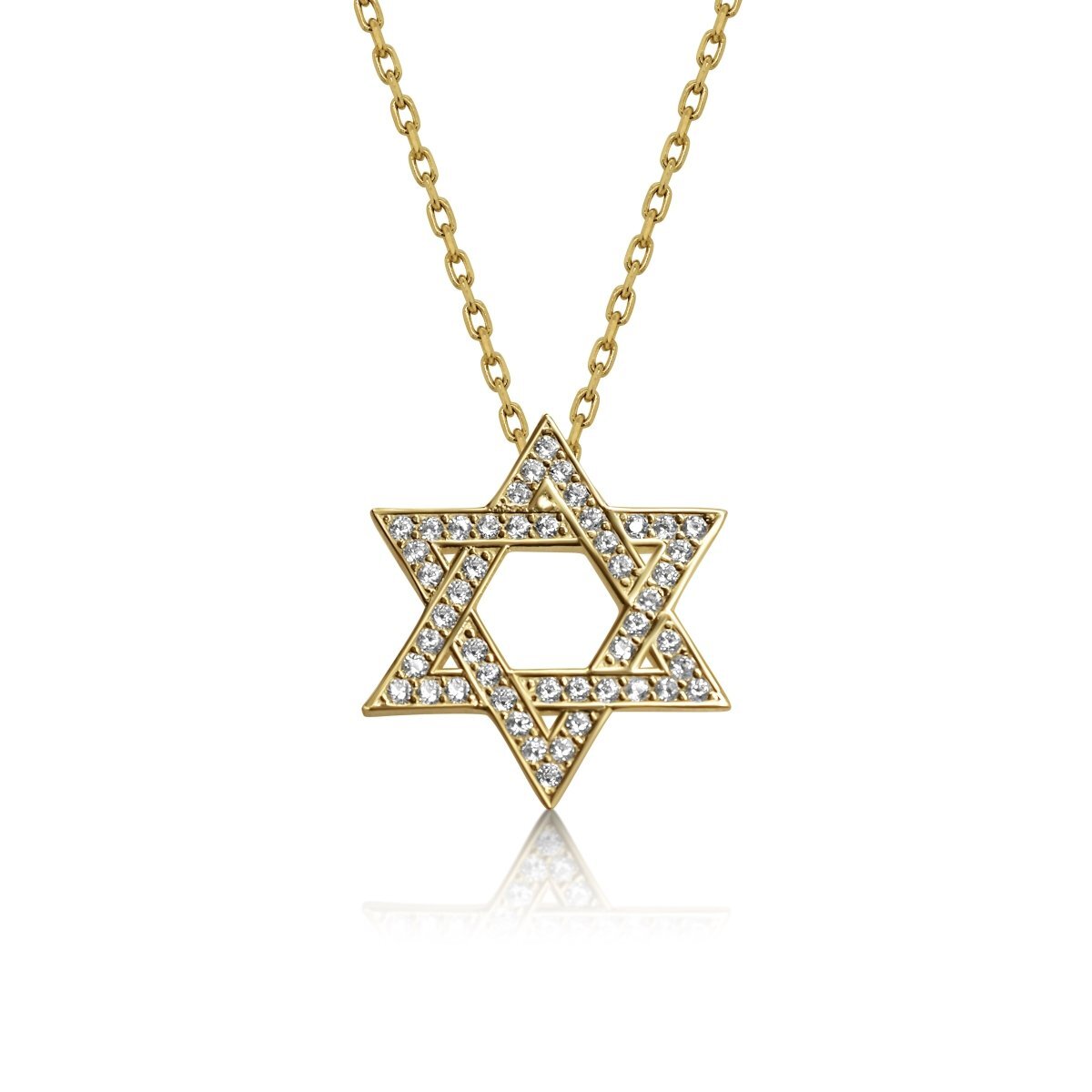 Gold plated Star of David necklace with cubic zircon gemstones, adjustable 16" + 2" chain, symbolizing faith and heritage.
