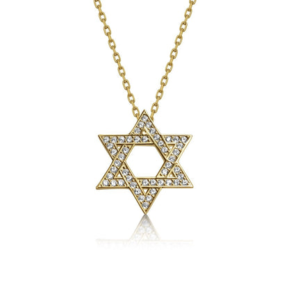 Gold plated Star of David necklace with cubic zircon gemstones, adjustable 16" + 2" chain, symbolizing faith and heritage.